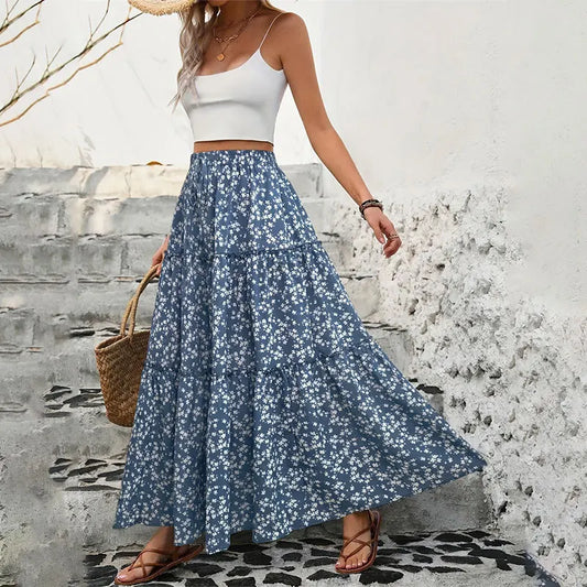 High Waist Floral Print  Maxi Skirt Long Ruffle Boho Skirt