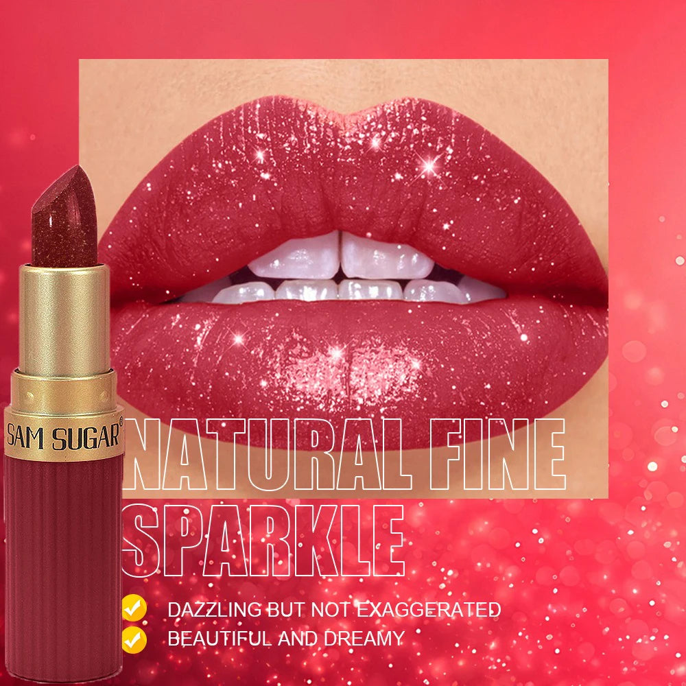 Pearlescent Pink Glitter Metallic Waterproof  Diamond Lipstick
