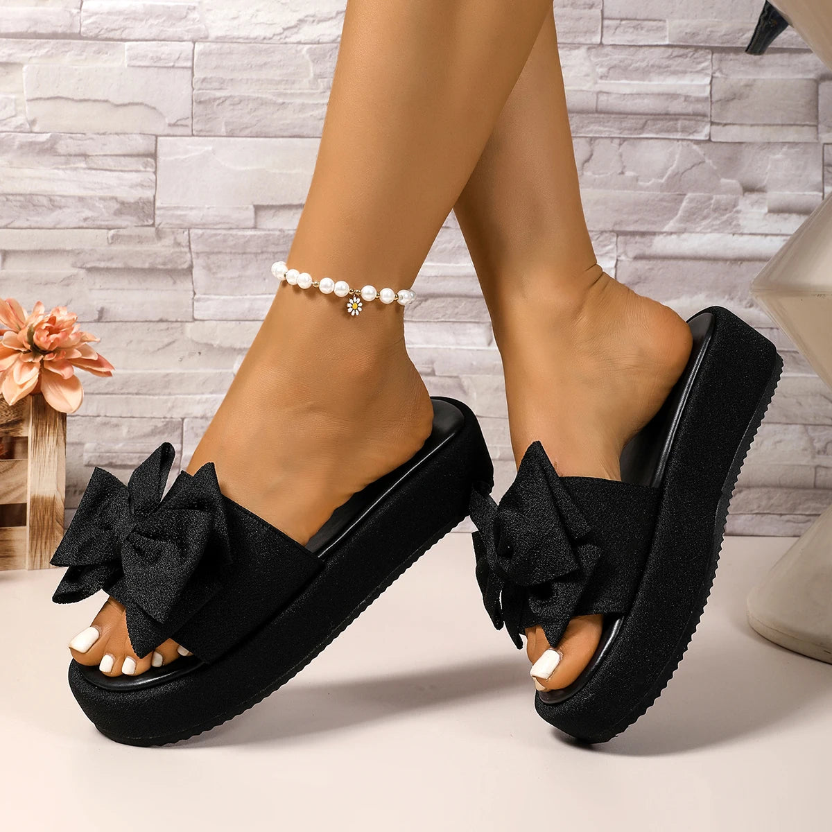 Round Head Bow Fish Mouth Thick-soled Light Slippers