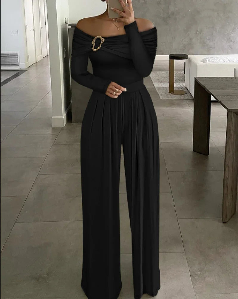 Elegant Pure Color Off-Shoulder Long Sleeve Romper Dress