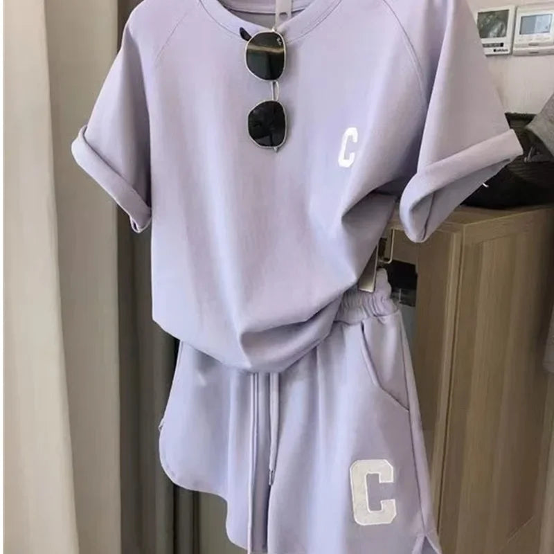 Summer Sleepwear Loose Short Sleeve T-Shirt Casual Shorts Large Size Pajamas Set