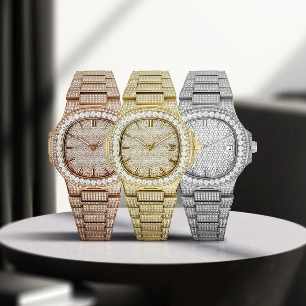 Luxury Diamond Sapphire Glass Steel Mechanical Movement  Wristwatch