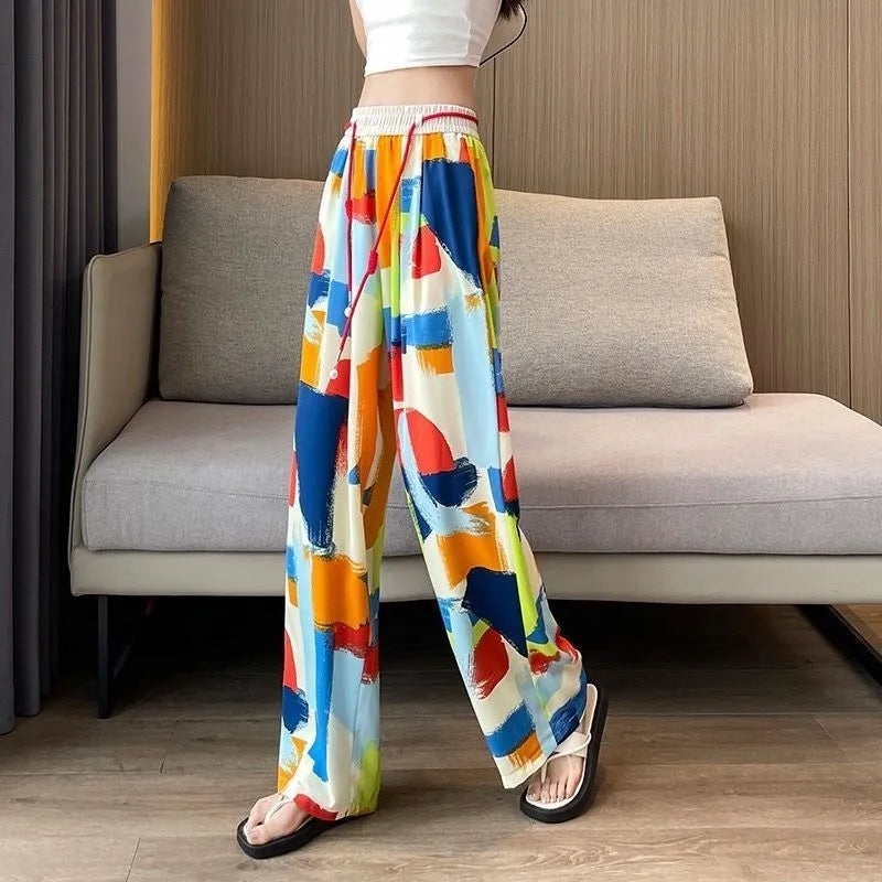 Colorful Graffiti Print Wide Leg Elastic Waist Drawstring Loose Pants