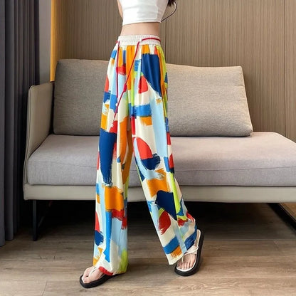Colorful Graffiti Print Wide Leg Elastic Waist Drawstring Loose Pants