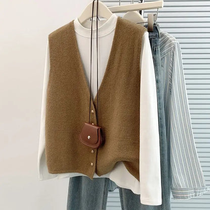 Soft Knitted Casual Button deep V-Neck Sleeveless Loose Knitwear Coats