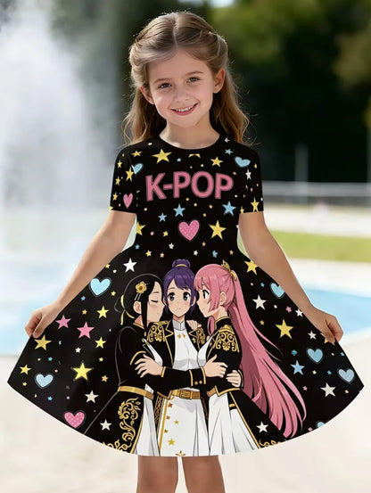 Kpop Cartoon Graphic Short Sleeve Dress