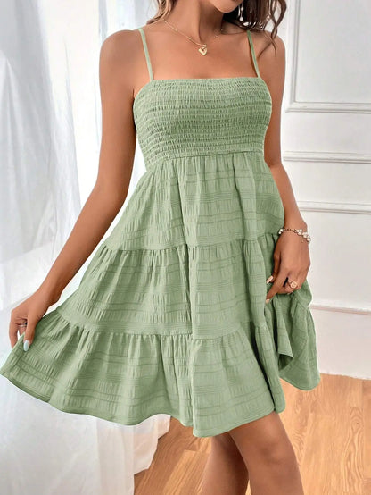 Spaghetti Strap Smocked Bustier Mini Swing Dress
