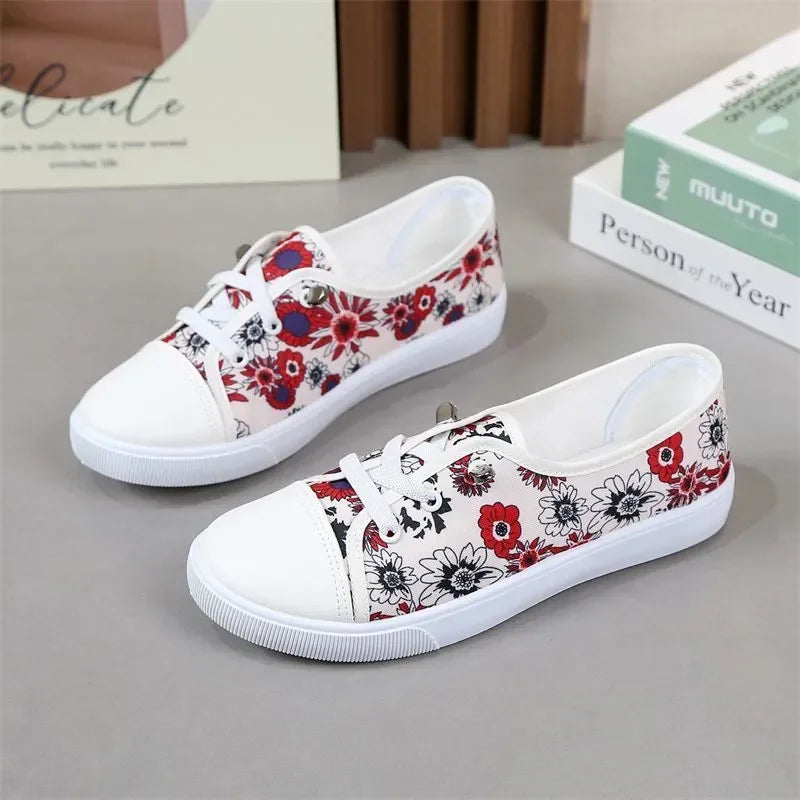 Sweet Round Toe Red Floral Print Canvas Shoes
