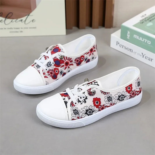 Sweet Round Toe Red Floral Print Canvas Shoes
