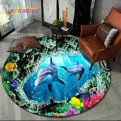 3D Seabed Illusion Underwater World Dolphin Round Area Rug