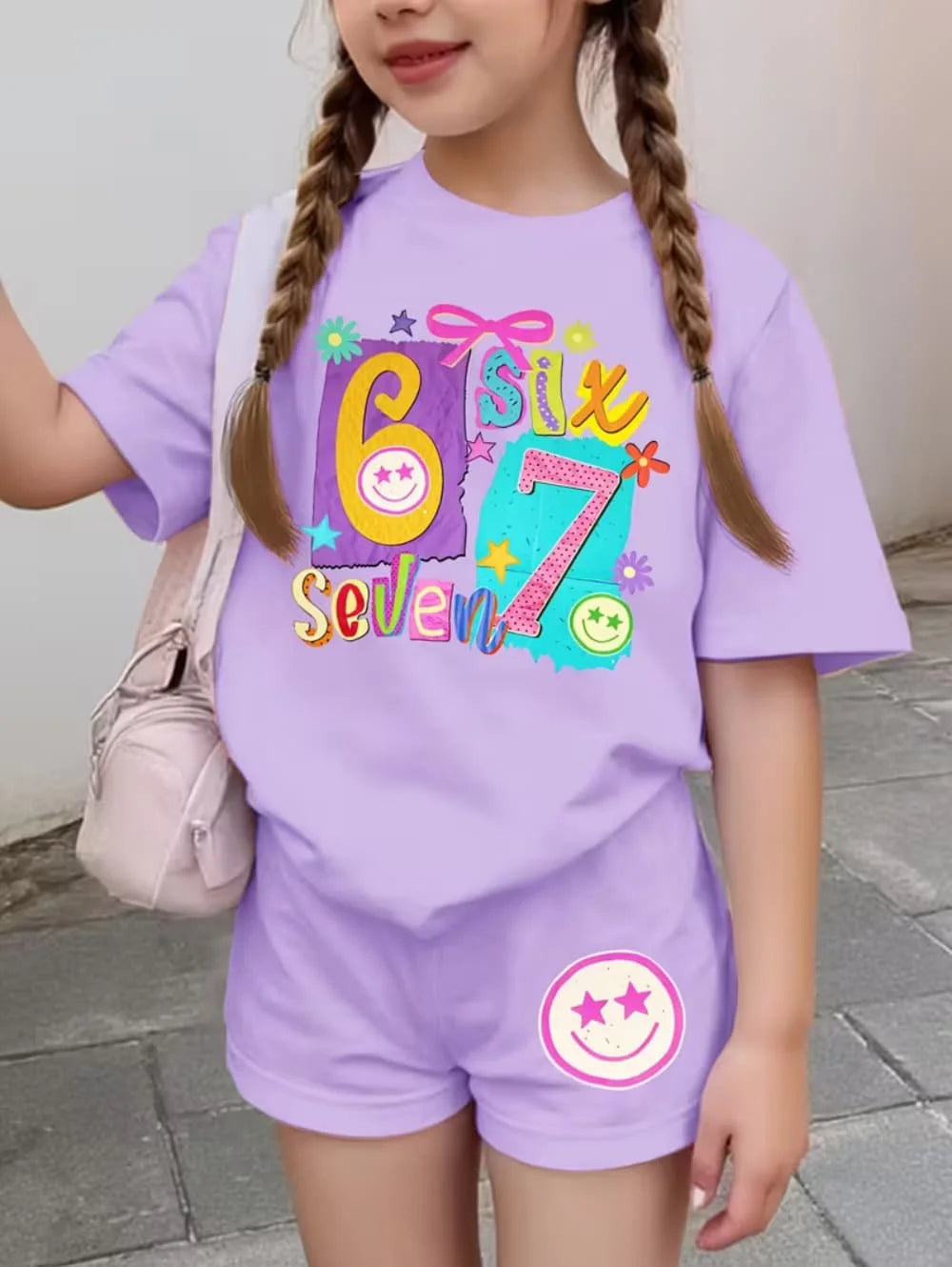 67 Six Seven Cute Bows Flowers Print Short Sleeve T-Shirt Set