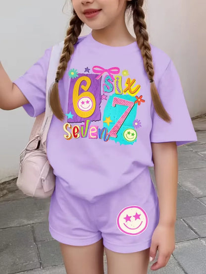 67 Six Seven Cute Bows Flowers Print Short Sleeve T-Shirt Set