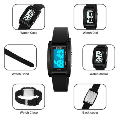 Digital with Date Week Display Silicone Strap LED Light Waterproof Wristwatch