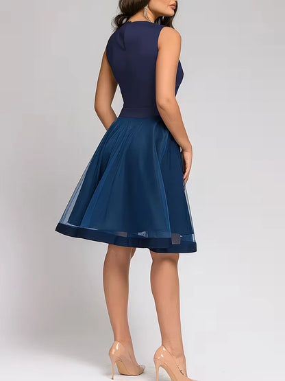 Sleeveless Elegant Cocktail Mesh Overlay Flare Dress