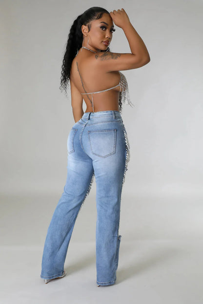 Ripped Straight Diamonds Chain Stretch High Waist Jeans Pants