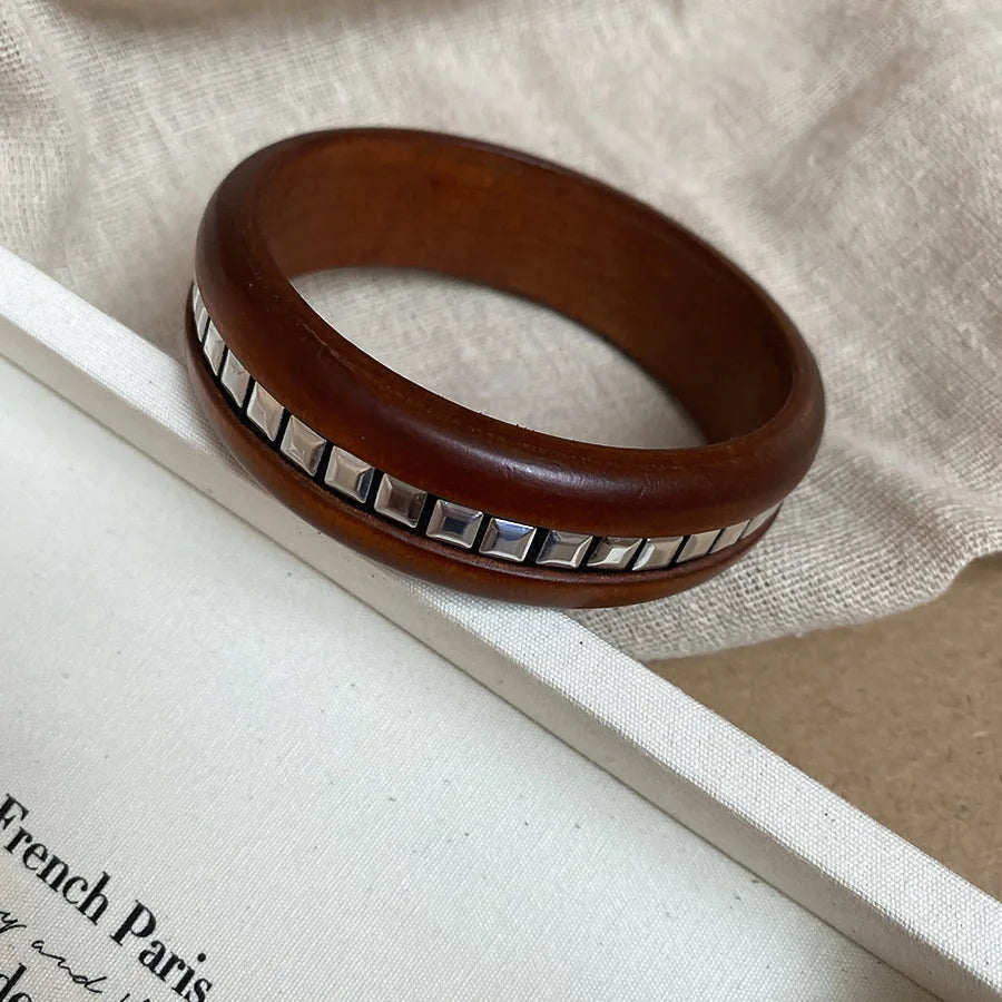 Natural Wooden Square Round Hip Hop  Rivet Beads Wide Bangles Bracelet