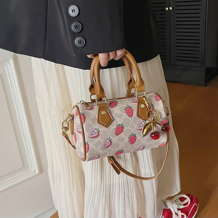 Crossbody Cherry Pattern PU Leather Boston Handbag Shoulder Bags
