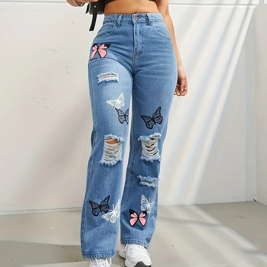 Butterfly Printing Straight High Waist Loose Jeans