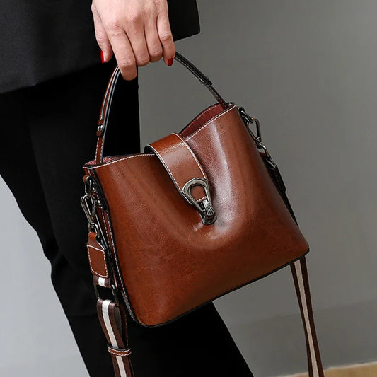 Real Oil Wax Leather Bucket Large Capacity Cowhide Crossbody Tote Bag
