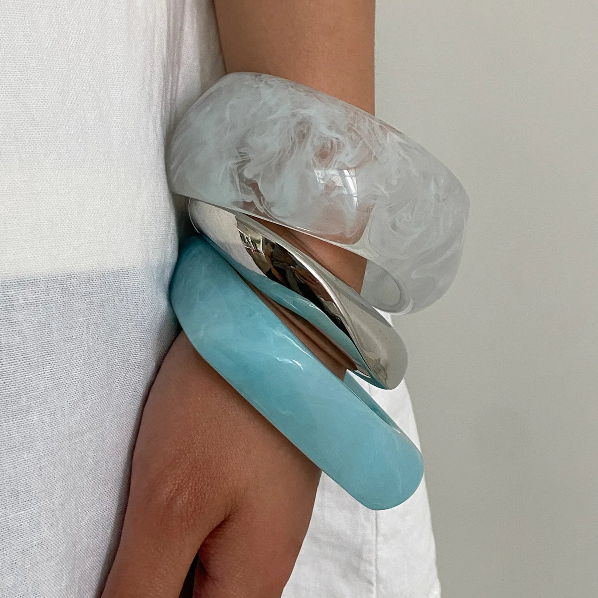 Boho Light Blue Acrylic Resin Chunky Bangles Geometric  Bracelet
