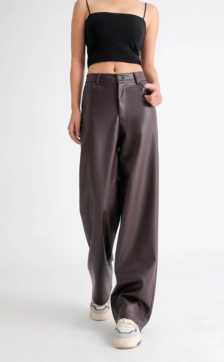 Fall Winter Fleece Loose Wide Leg Leather Pants