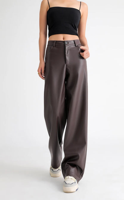 Fall Winter Fleece Loose Wide Leg Leather Pants