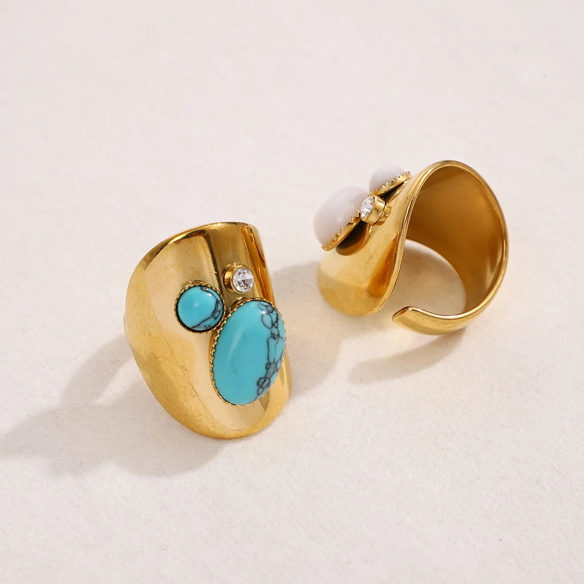 Retro Wide Stainless Steel Vintage Boho Natural Stones Zircon Rings