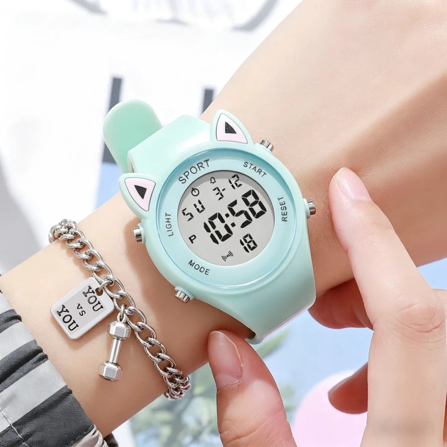 Cat-Ear Kids Watch with Bracelet Waterproof Digital Watch LED Wristwatch