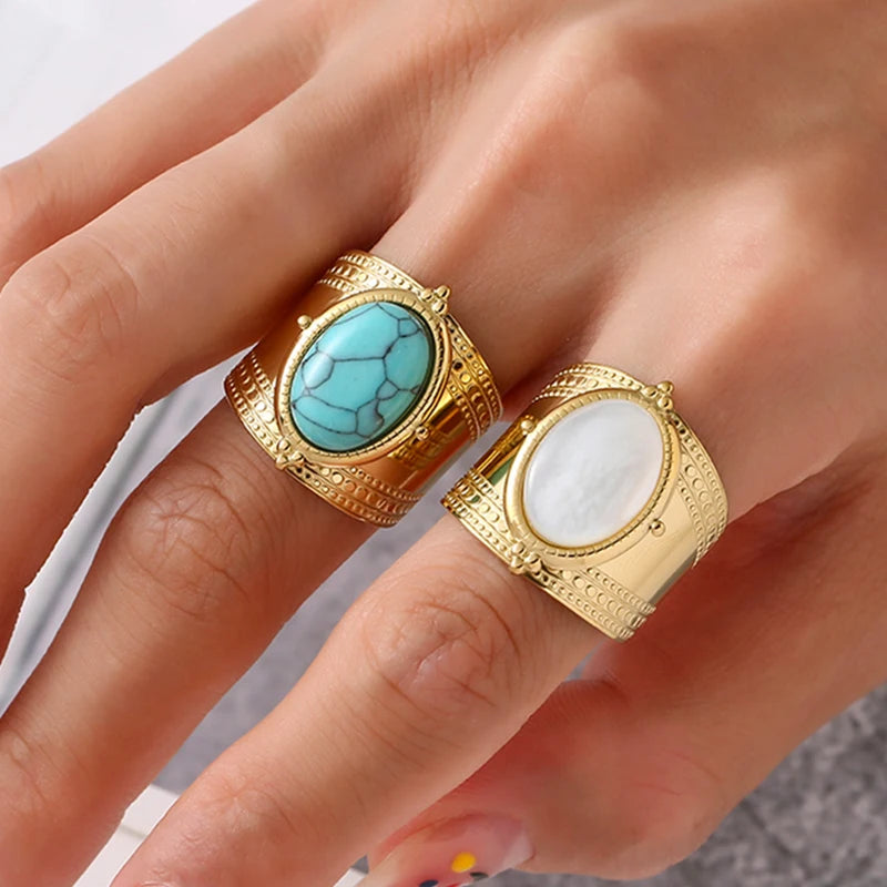 Bohemia Turquoise Natural Stone Wide Open 14K Gold Plated Stainless Steel Ring