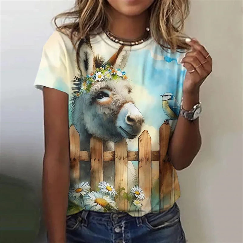 Cute Cow Donkey Pattern Flower Animals 3D Printed T Shirts