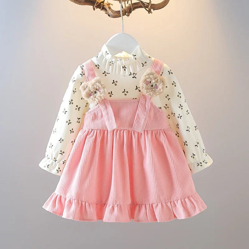 Kid Girl Long Sleeve Floral Lovely Bear Corduroy Strap Style Dress