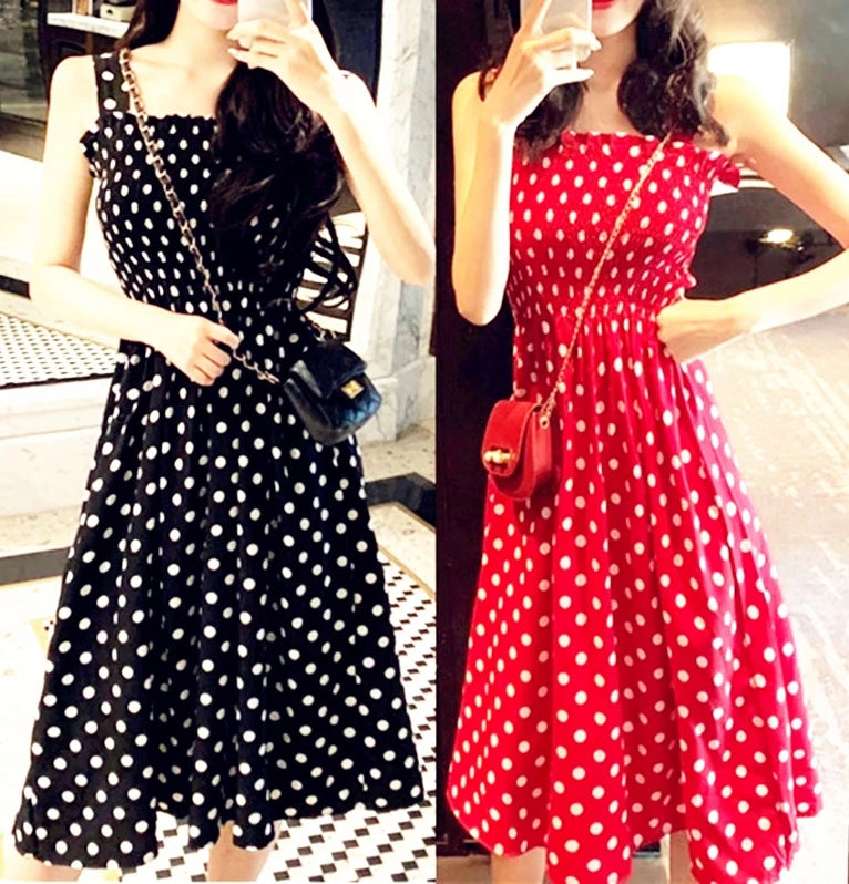 Long Vintage Dots Casual Ruffles Elegant Maxi Strap Camis Silky Dress