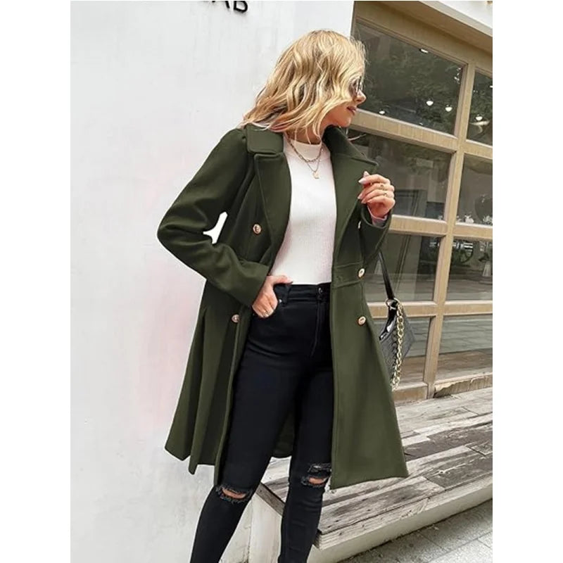 Winter Woolen Trench Coat Skirt Double Breasted Flip Lapel Jacket