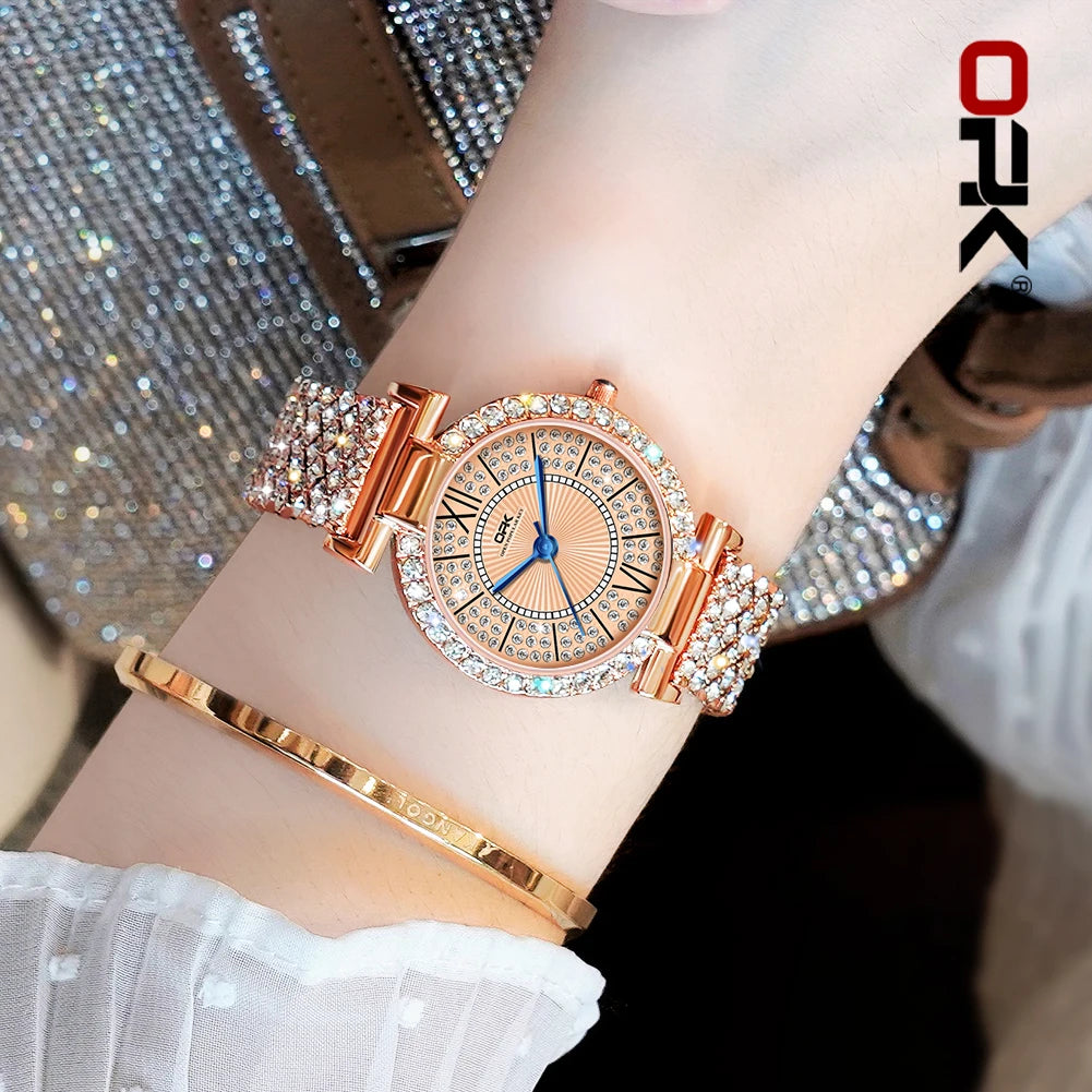 Full Diamond Waterproof Roman Scale Steel Belt Quartz Watch