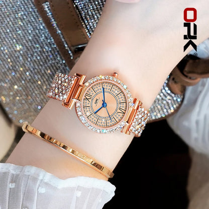 Full Diamond Waterproof Roman Scale Steel Belt Quartz Watch