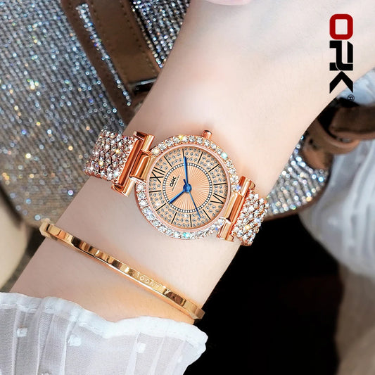 Full Diamond Waterproof Roman Scale Steel Belt Quartz Watch