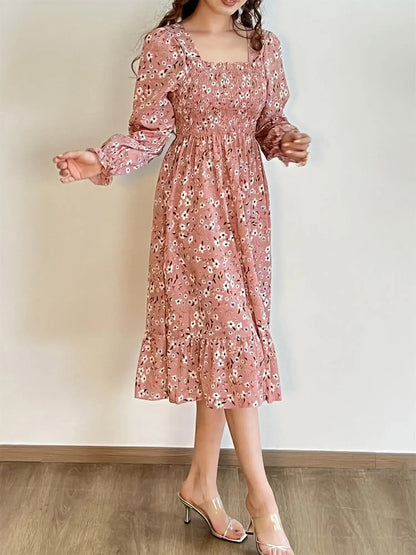 Long Sleeve Casual Chiffon Floral Elastic Chest Lace Up Midi Dress