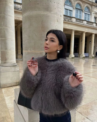 Faux fur Fall/Winter Effect Round Neck Long Sleeve Short Jacket