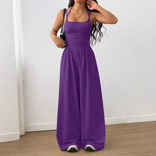 Halter Spaghetti Strap Casual Elastic High Waist Backless Wide Leg Jumpsuits
