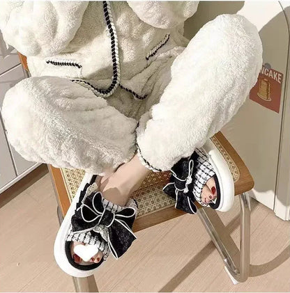 Linen Cute Platform Black Bow Soft Slippers