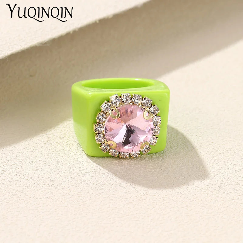 Colorful Rhinestone Geometric Square Large Punk Finger Rings