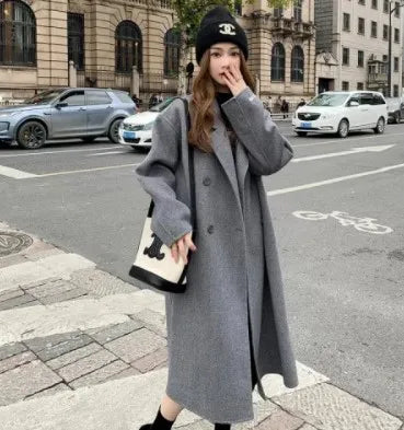 Woolen Versatile Korean Style Medium Length Long Sleeve Elegant Coat