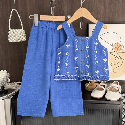 Korean Version Imitation Denim Bow Print Sleeveless Set