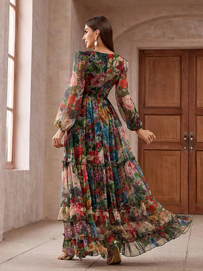 Casual Elegant Boho Floral Print Long Sleeve Frill Trim Maxi Dress
