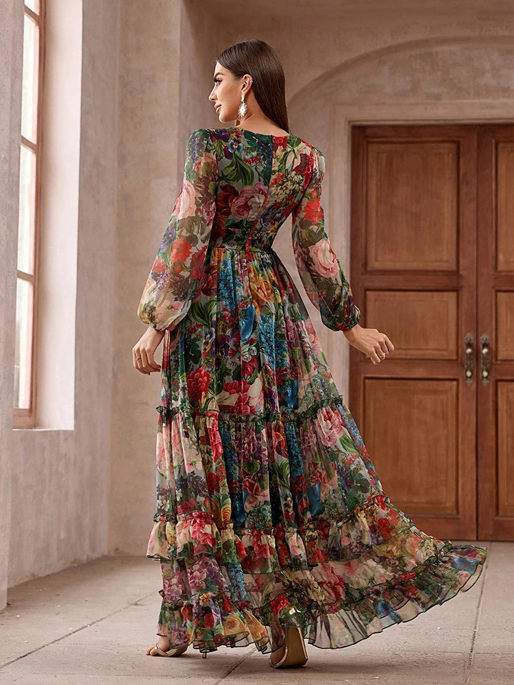 Casual Elegant Boho Vintage Floral Long Sleeve Frill Trim Summer Maxi Dress