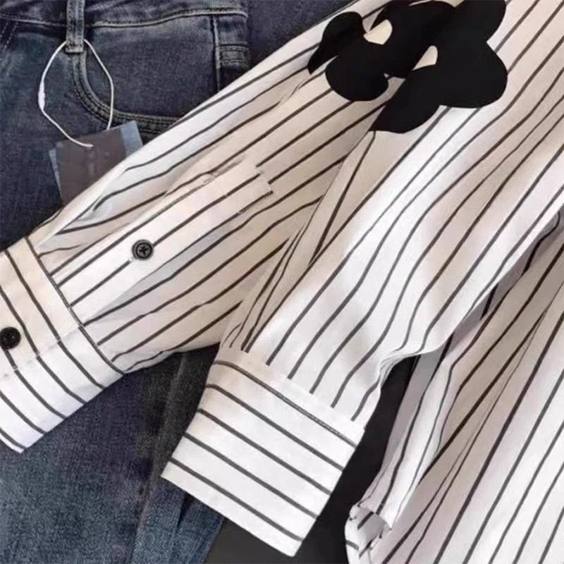 Flower Stripe Long Sleeved Loose Shirt