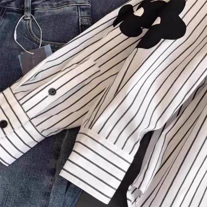 Flower Stripe Long Sleeved Loose Shirt