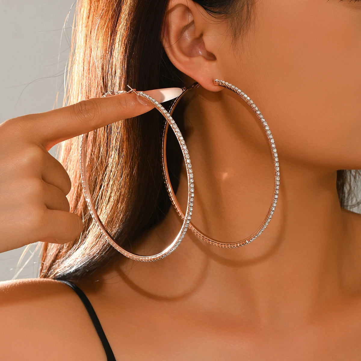 Rhinestones Shiny Crystal Big Round Hoop Earrings