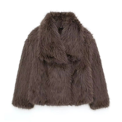 Elegant Faux Fur Warm Fluffy Loose Long Sleeve Lapel Jacket