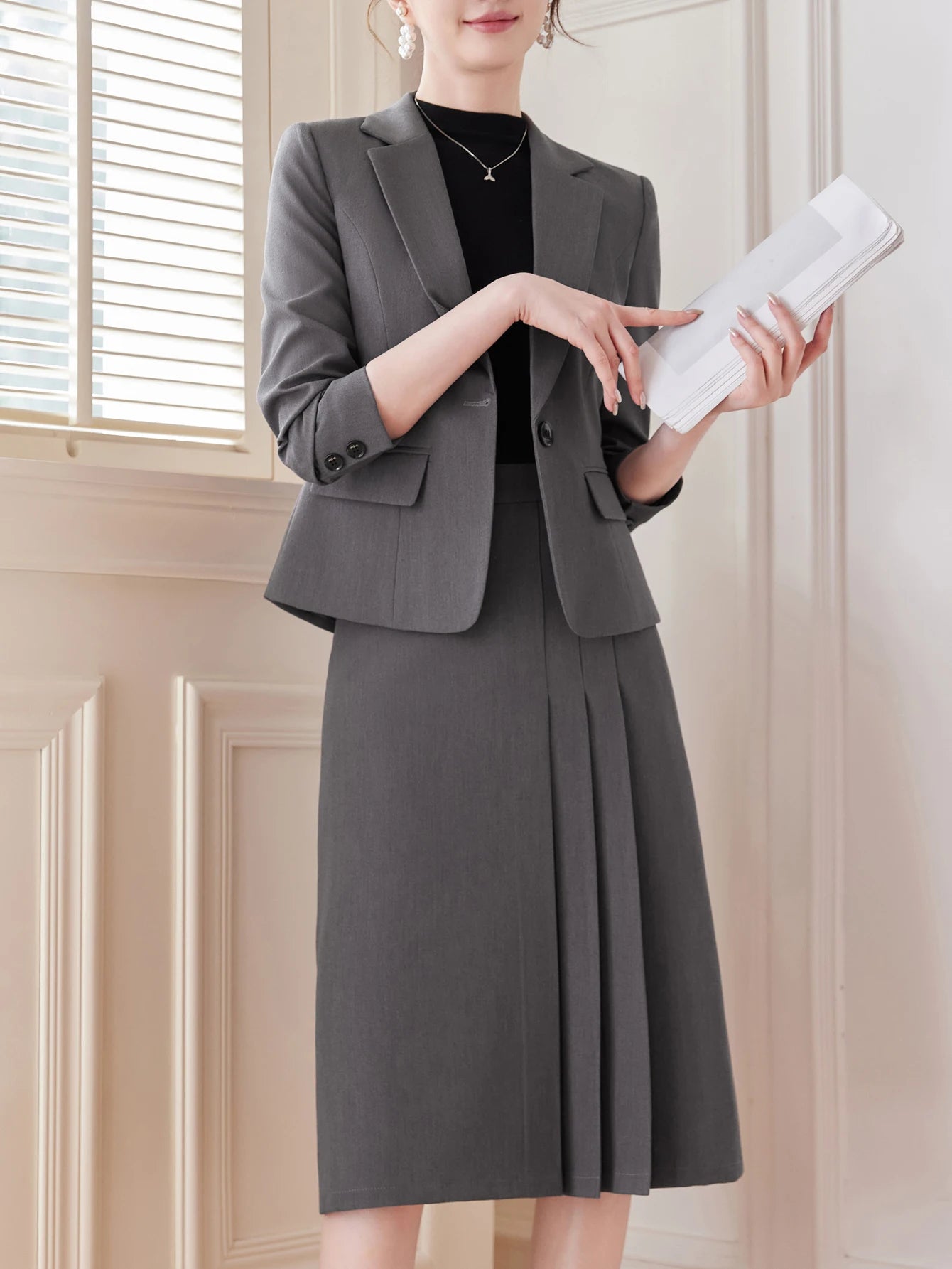 Notch Lapel Single-Button Suit Dress Set